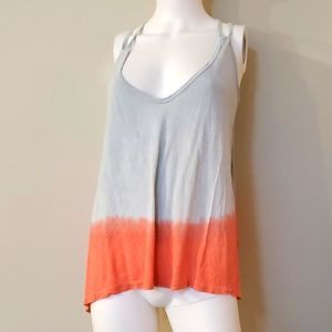 Yakn Yeti tie dyed tank top, grey and coral, M, criss crossed straps